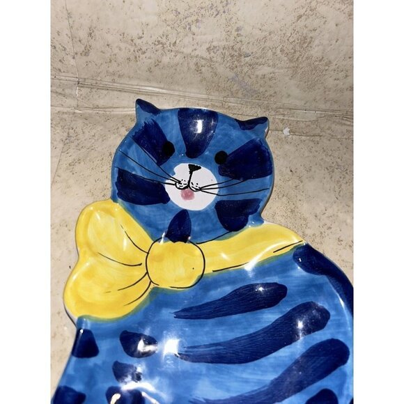 Vintage Italy Wall Hand Painted Blue Tabby Striped Yellow Ribbon Cat Decor - Picture 3 of 7